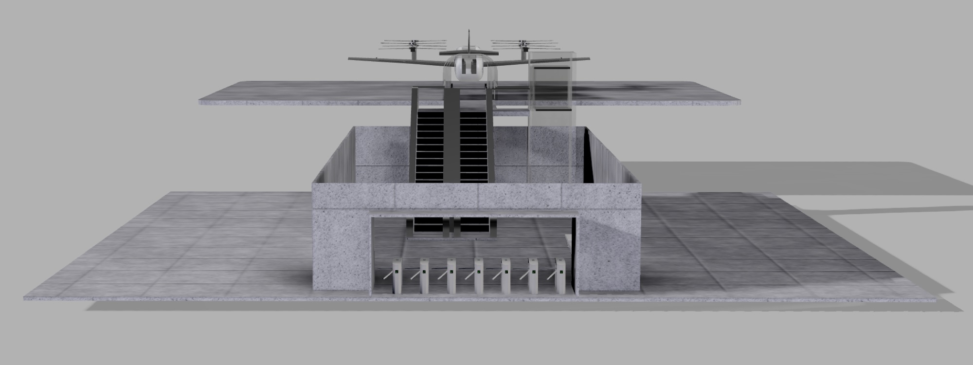 Street elevation — gates below, pad above